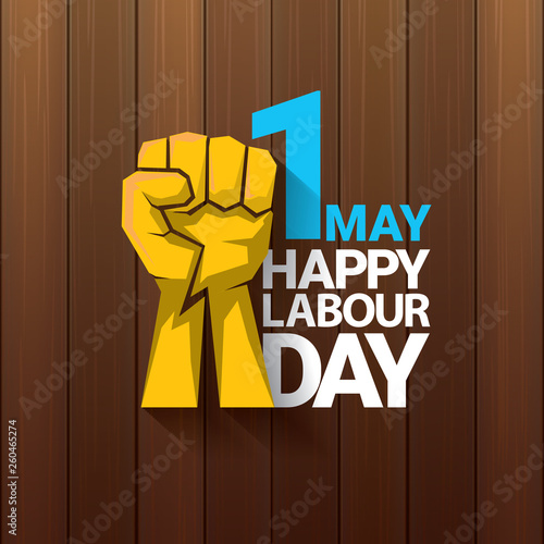 Happy labour day vector label with strong orange fist on wooden background. vector happy labor day background or banner with man hand. workers may day poster