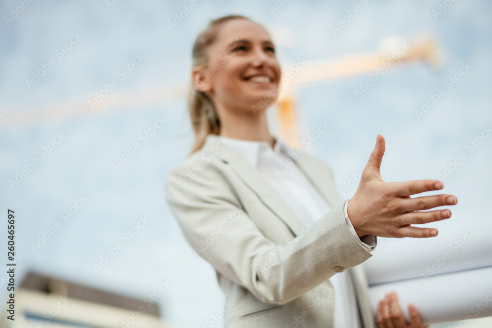 Businesswoman closing the deal with a hand shake. Businesswoman closing the deal with a hand shake.