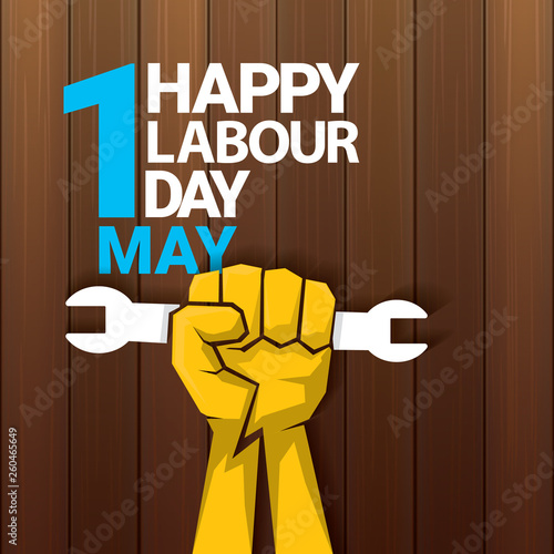 Happy labour day vector label with strong orange fist on wooden background. vector happy labor day background or banner with man hand. workers may day poster