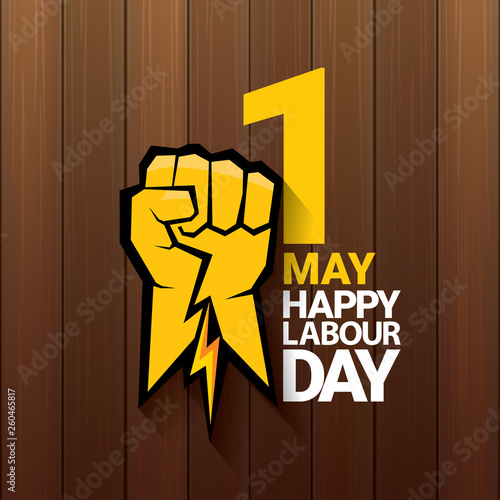 Happy labour day vector label with strong orange fist on wooden background. vector happy labor day background or banner with man hand. workers may day poster