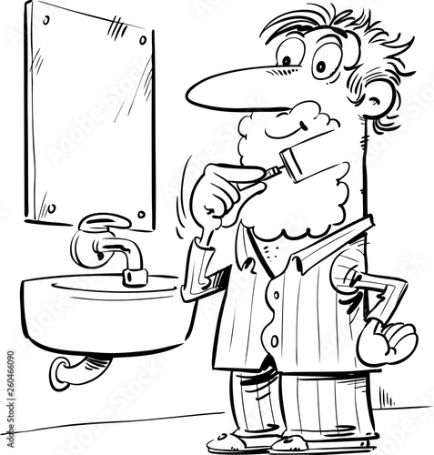 Vector illustration of a man shaving in front of the toilet mirror
