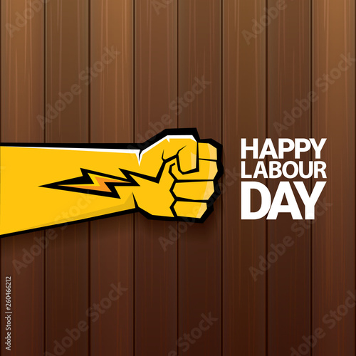 Happy labour day vector label with strong orange fist on wooden background. vector happy labor day background or banner with man hand. workers may day poster
