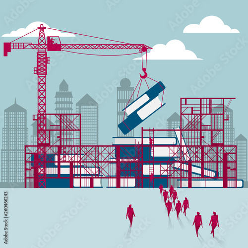 Lifting books use tower cranes. A group of businessmen walked to the building site.