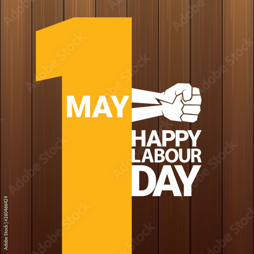 Happy labour day vector label with strong orange fist on wooden background. vector happy labor day background or banner with man hand. workers may day poster