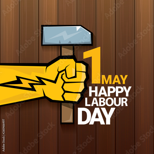 Happy labour day vector label with strong orange fist on wooden background. vector happy labor day background or banner with man hand. workers may day poster