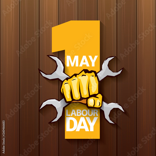 Happy labour day vector label with strong orange fist on wooden background. vector happy labor day background or banner with man hand. workers may day poster