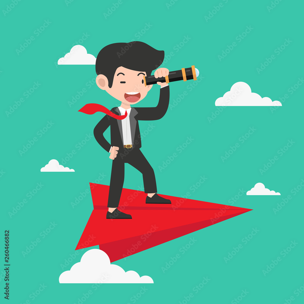 businessman with a telescope on Red Paper plane businessman with a telescope on Red Paper plane