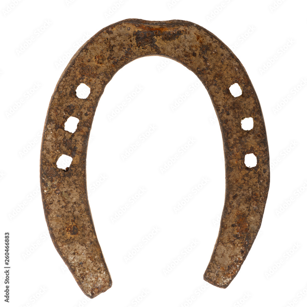 top view of original rusty horseshoe isolated on white background