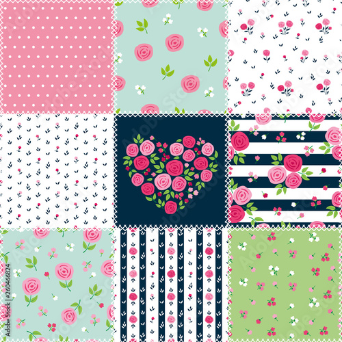 Spring patchwork background with different patterns for textile, gift wrap and scrapbook. Vector illustration.
