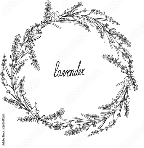 Lavender wreath crown frame with leaves and flowers. Hand drawn vintage composition in doodle and sketch style painted by black ink.