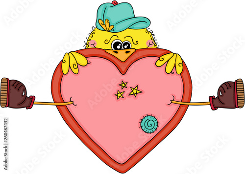 Funny yellow bird with a big heart