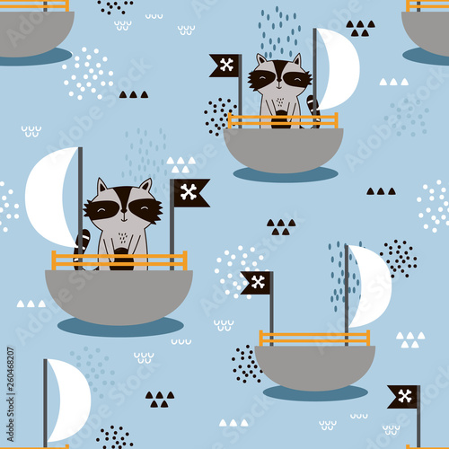 Happy raccoons - pirates, boats, hand drawn backdrop. Colorful seamless pattern with animals. Decorative cute wallpaper, good for printing. Overlapping background vector. Design illustration