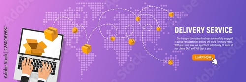 Online delivery service of goods vector illustration. Web banner for transportation of wares from any country of the world