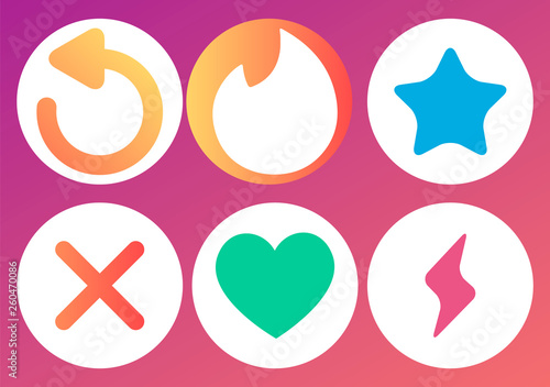 Set of Modern gradient color icons heart like , super like . skip . boosts swipe match chat dating app