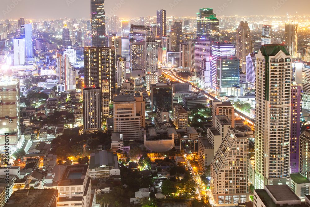 aerial night view of Bangkok City skyscrapers Thailand