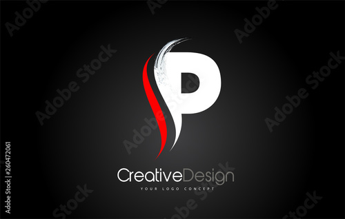 White and Red P Letter Design Brush Paint Stroke on Black Background