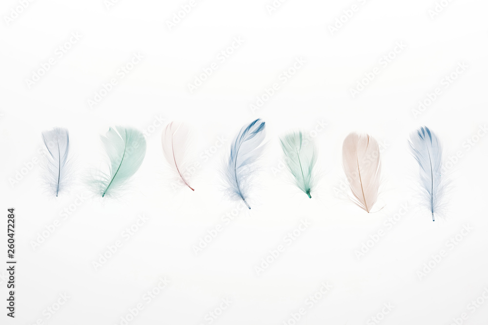 Naklejka premium multicolored lightweight feathers isolated on white background