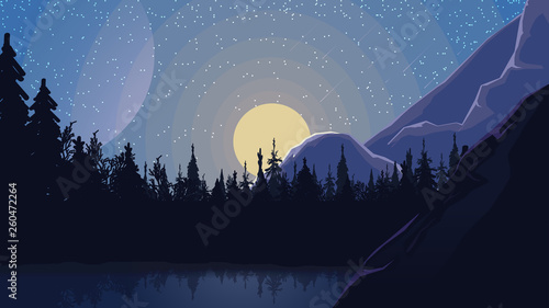 Lake in a pine forest at the foot of the mountain, starry sky and the rising moon.