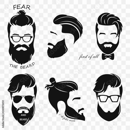Set of different silhouettes of bearded hipsters. Bearded men, avatar, hipster with different haircut. Male face with a mustache and beard. Vector illustration with a transparent background for a prin