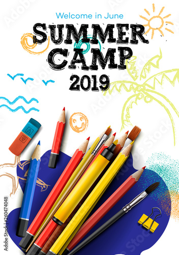 Themed Summer Camp poster 2019, creative and colorful banner, vector illustration.
