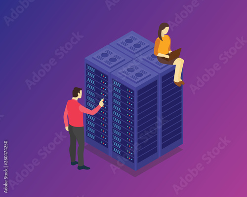 isometric server technology with people character and modern purple violet background - vector
