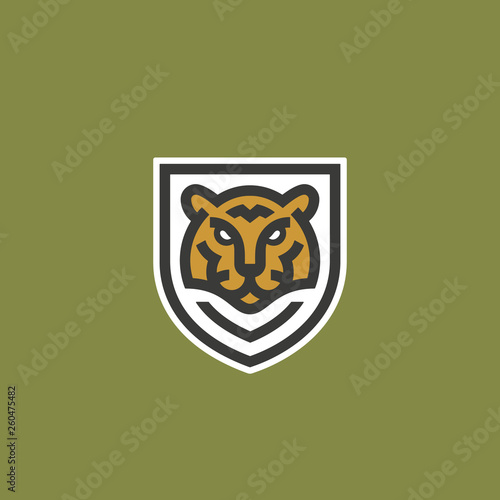 Minimalist Line Style Tiger Face Shield Abstract Vector Icon, Symbol or Logo Template. Wild Animal Head Sillhouette Incorporated in a Shield Frame with Typography. Creative Predator Emblem.