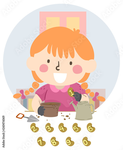 Kid Girl Planting Seeds Numbers Illustration