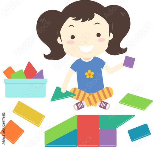 Kid Girl Build Toy Shape Blocks Illustration
