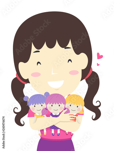 Kid Girl Hug Three Dolls Il...