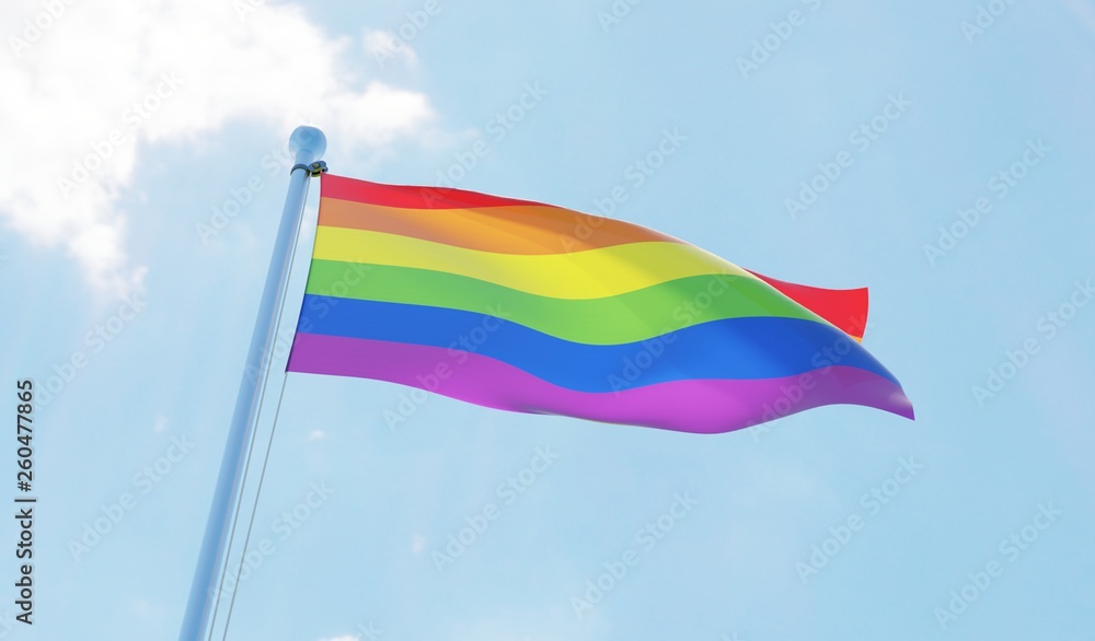 © Sasha Strekoza - LGBT flag waving against blue sky. 3d image
