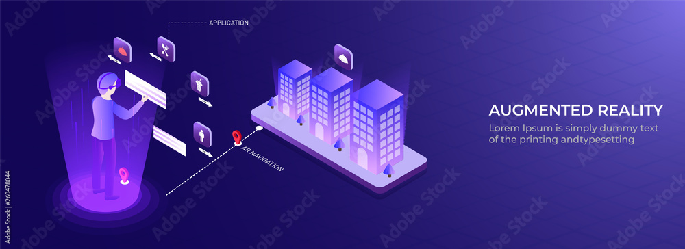 Isometric illustration of man controlled and connected his house with technology device through internet network, internet of things background for Augmented Reality web page.