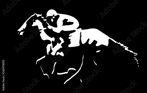 Vector silhouette of a jockey racing on a horse in backlight