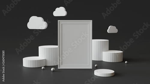 Blank picture frame with cylinder podium. Abstract geometric background for display or mockup. 3D rendering.