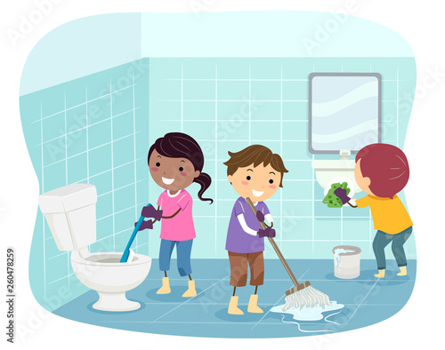 Stickman Kids Clean Toilet Illustration