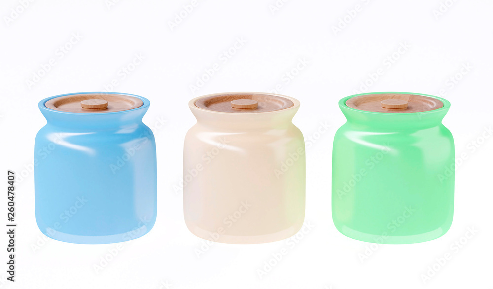 Blue, beige and green ceramic jars with wooden covers, isolated on white background. 3d image Blue, beige and green ceramic jars with wooden covers, isolated on white background. 3d image