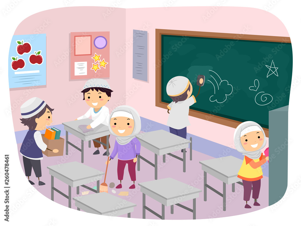 The clean the classroom. Distructing in the class clean. cleaning classroom. classroom cleaning temple grafic. white child in moslem classroom.
