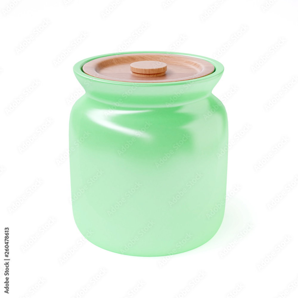 Green ceramic jar with wooden cover, isolated on white background. 3d image