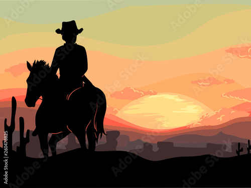 Man Horse Cowboy Old West Sunset Illustration