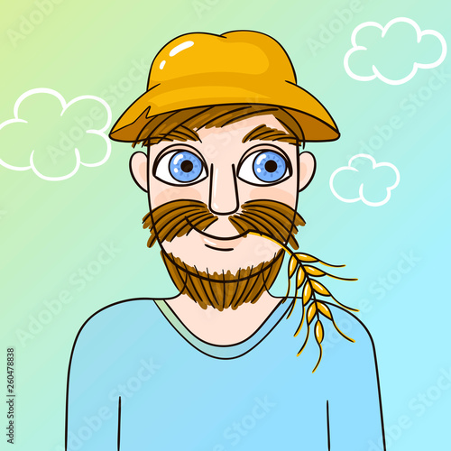 Man with moustache and beard in the panama hat and with wheat spikelet in the mouth