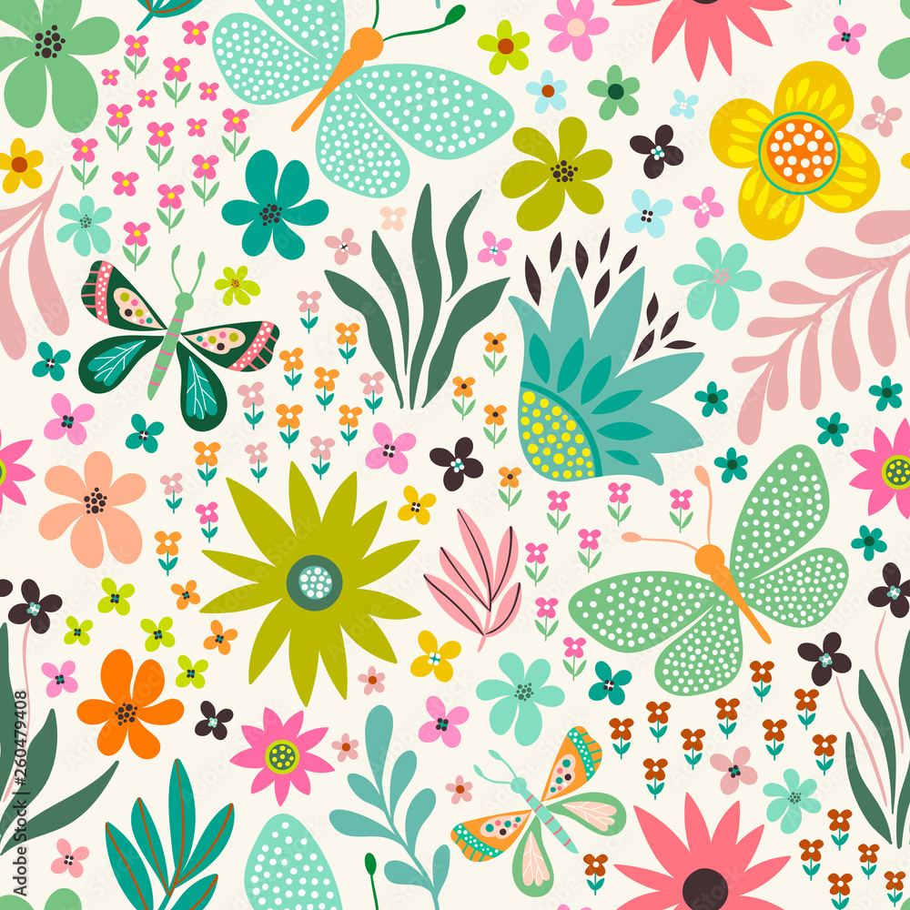 seamless floral pattern with flowers and butterflies
