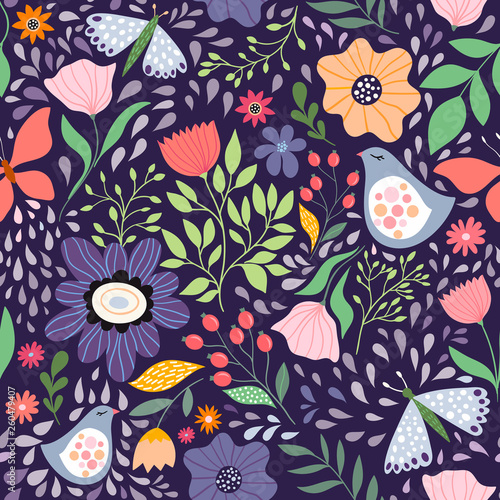 Photography seamless floral pattern with flowers and birds