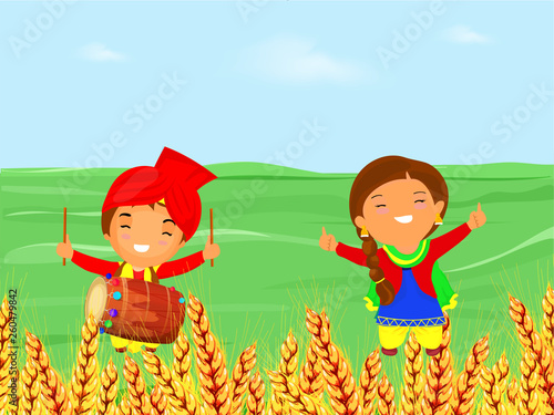 Illustration of cute punjabi kids, and wheat grain fields.