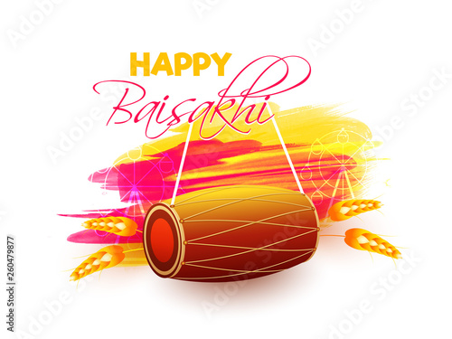 Baisakhi poster or banner of Happy Baisakhi on splash of floral background with dhol and wheat.