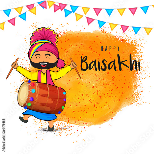 Cute punjabi man dancing while playing drum,  Baisakhi celebration concept.