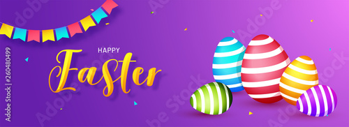 Happy Easter header or banner design with decoration of realistic colorful eggs and bunting decoration on shiny purple background.