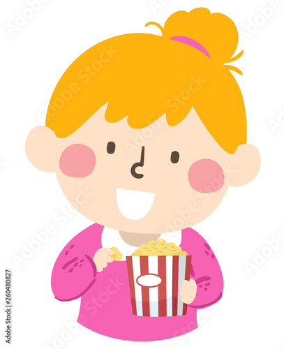 Kid Girl Eat Pop Corn Illus...