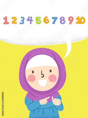 Kid Girl Muslim Count Numbers Aloud Illustration