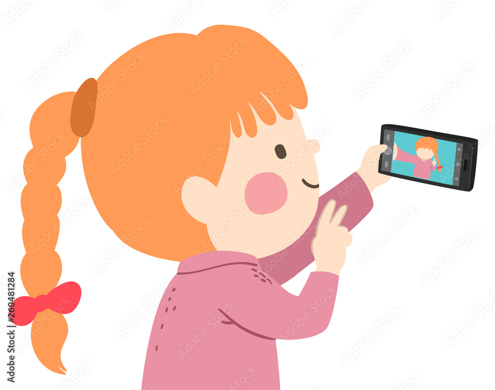 Kid Girl Take Picture Mobile Phone Illustration
