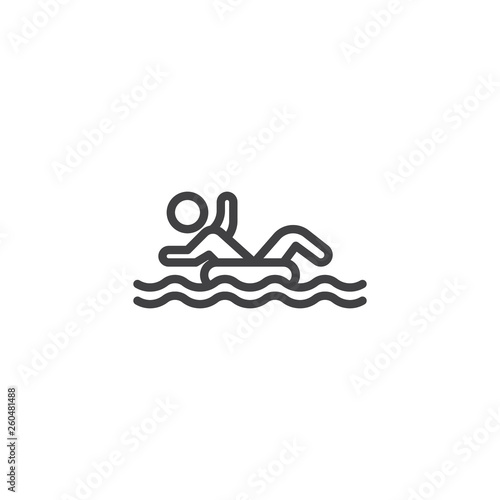 Man with inflatable ring in water park line icon. linear style sign for mobile concept and web design.  Person with inflatable ring floating in a pool outline vector icon. Symbol, logo illustration