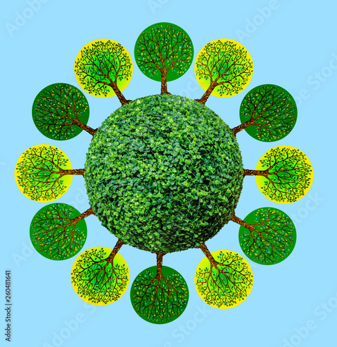 Illustration - a globe covered with plants on which trees grow